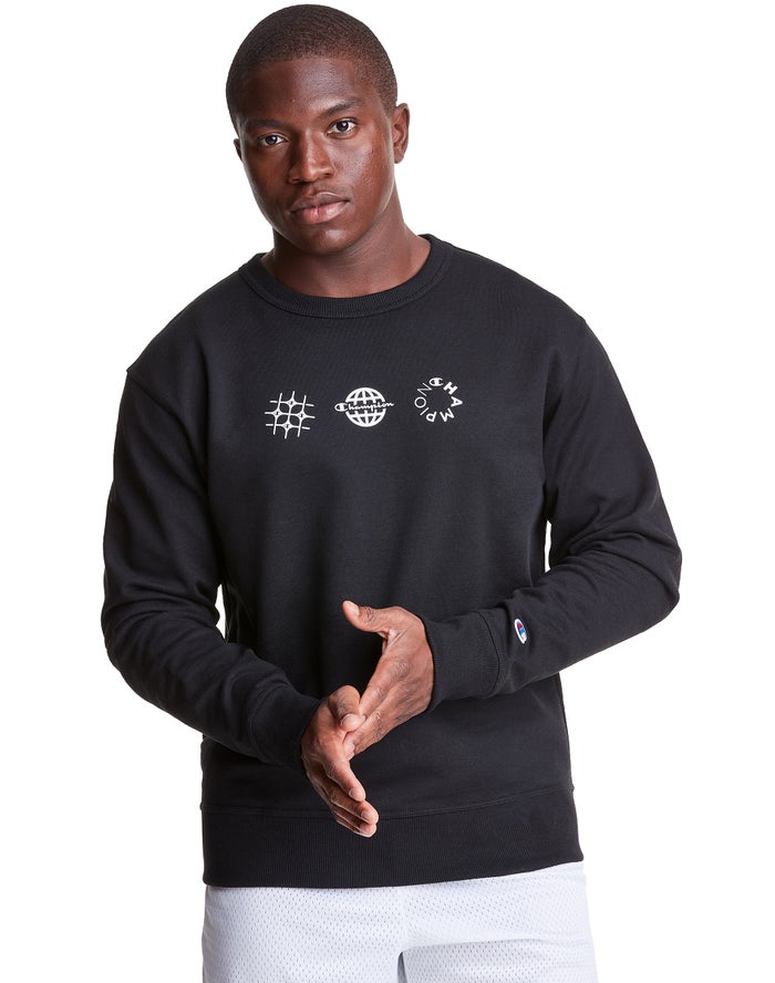 Champion Mens Sweatshirt NZ - Powerblend Fleece Crew Multi-Logos Black ( 5643-PTUKX )